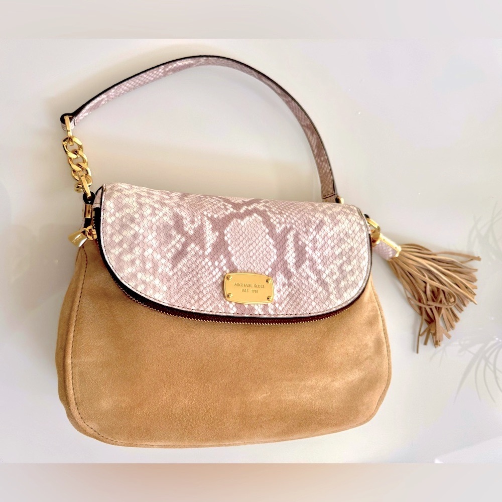 MICHAEL KORS Bedford Dark Sand Suede & Python Embossed Leather Shoulder Bag